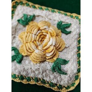 Vintage Handmade Crochet Lace Granny Pot Holder Craft Rose Cottage Core Yellow